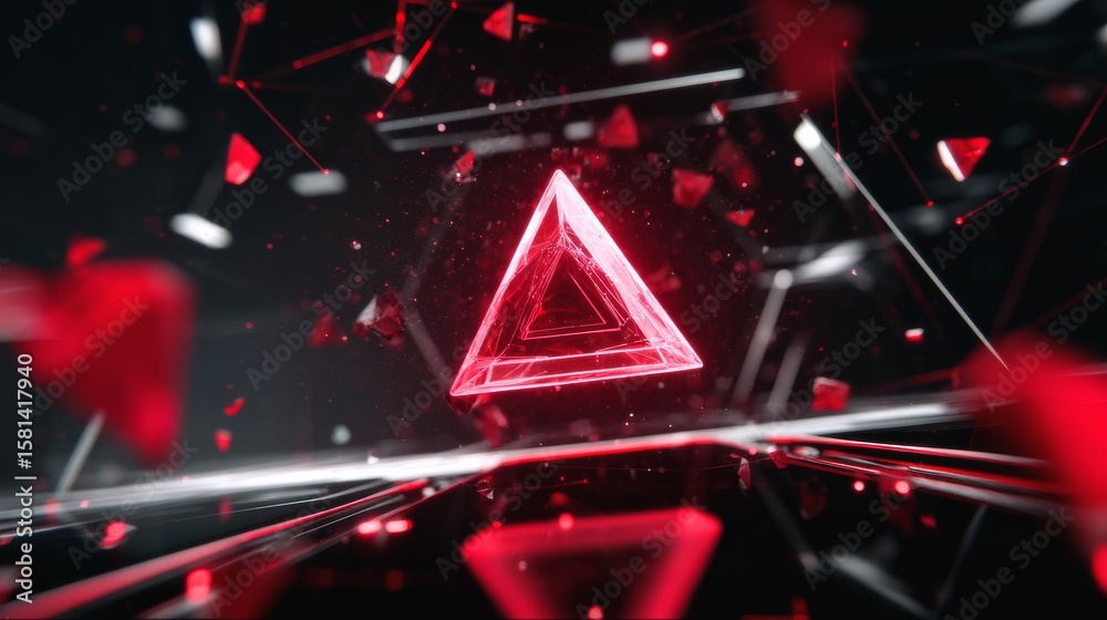 Poster abstract red triangle shape with dynamic 3d elements and fragments in dark background