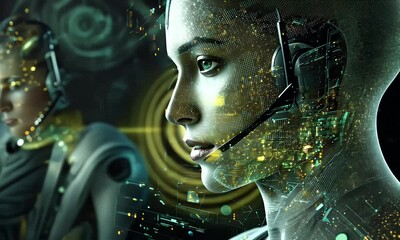 Futuristic Customer Support Team: Green And Yellow Digital Overlay - Powered by Adobe