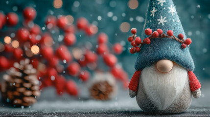 Cute Christmas gnome with a blue cap with snowflakes and red gloves, surrounded by pine cones, snow and red berries with a soft bokeh background. Generative AI