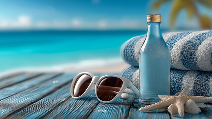 Beach scene with summer essentials: white sunglasses, a frosted glass water bottle, soft striped towels and decorative starfish on a rustic wooden surface