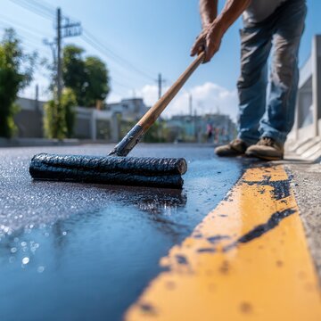 A stunning image of person sealing driveway with squeegee applicator tool in sunny day. Driveway asphalt sealcoating protects pavement, prevents fractures. Maintenance worker.