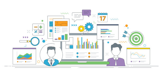 Business analytics dashboard with charts teamwork target and planning.
