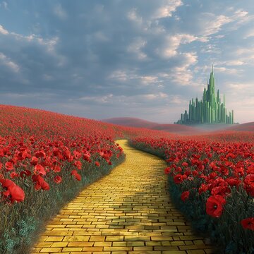 Yellow brick road leading through poppy field to green emerald city in the distance. Wizard of Oz concept.