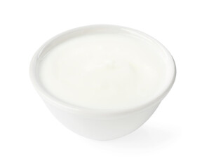 Delicious yogurt in bowl isolated on white