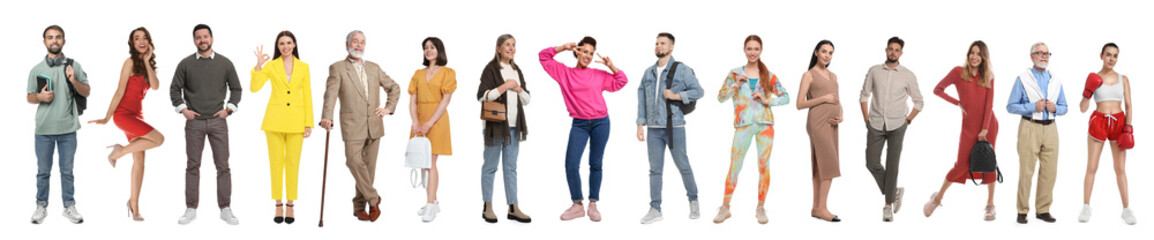 Obraz premium Different people on white background. Full-length portraits