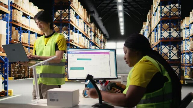 Distribution center staff managing package dispatch for a large brand, orders are processed quickly and efficiently ensuring express delivery of products packed with care. Warehouse depot. Camera A.
