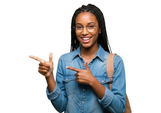 Smiling African American Student Pointing on Transparent Background