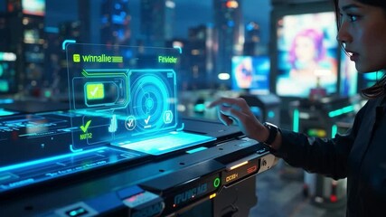 Person interacting with transparent digital interface on futuristic touchscreen device in illuminated cityscape at night. Close-up technology photo. Smart city and augmented reality concept for design - Powered by Adobe