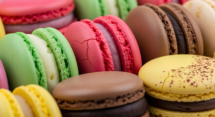  Colorful assorted macarons in close-up view, showcasing pastel shades and smooth textures.