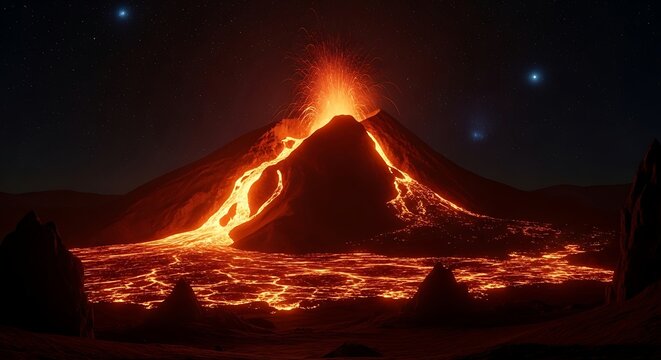 Dramatic Volcano Eruption at Night Molten Lava Flowing Down, Under a Starry Sky - Powered by Adobe