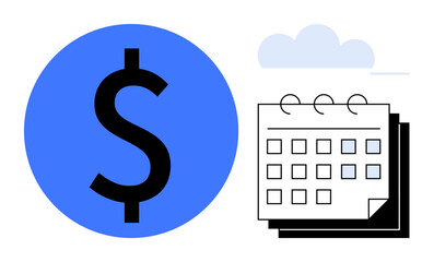 Currency symbol in a blue circle beside a calendar with marked dates and a cloud in the background. Ideal for finance, budgeting, time management, planning, savings, scheduling, investment. Simple