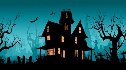 Halloween Haunted House Silhouette with Bats and Graveyard
