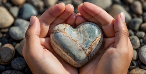 Hands gently holding a heart-shaped stone symbolizing self-love, inner peace, and emotional healing in natural light