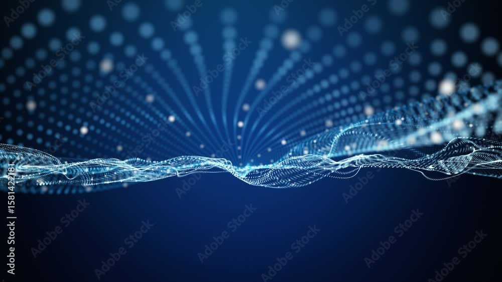 Poster futuristic video animation with particle wave object in slow motion, 4096x2304 loop 4k