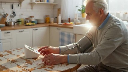 Senior man measuring blood pressure with digital monitor at kitchen table in sunlight. Studio lifestyle photography. Home healthcare and elderly medical monitoring concept for design and print - Powered by Adobe