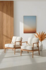 Scandinavian-inspired minimal lounge interior with wooden armchairs, soft neutral tones, abstract wall art, and natural dried plant decor in serene sunlight setting

