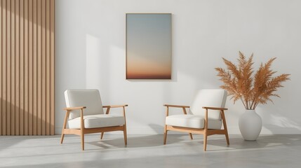 Scandinavian-inspired minimal lounge interior with wooden armchairs, soft neutral tones, abstract wall art, and natural dried plant decor in serene sunlight setting

