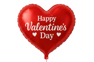 Heart-shaped red balloon bearing romantic valentine's day greeting, hovering against clear transparent background