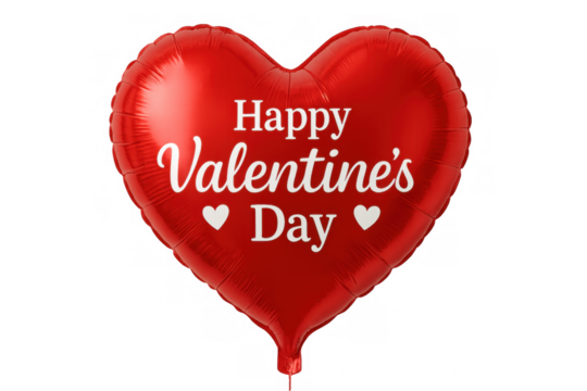 Heart-shaped red balloon bearing romantic valentine's day greeting, hovering against clear transparent background