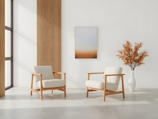 Scandinavian-inspired minimal lounge interior with wooden armchairs, soft neutral tones, abstract wall art, and natural dried plant decor in serene sunlight setting

