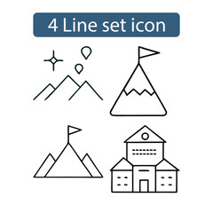 Fototapeta premium Set of four simple line art icons representing mountains achievement and a building