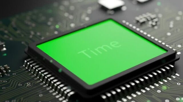 A close up view of a green computer chip with the word time on it, surrounded by circuit board elements