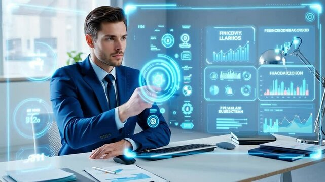 Businessman interacting with virtual touchscreen interface displaying data analytics and machine learning icons. Studio work portrait. Digital transformation and artificial intelligence concept