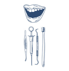 Set of original hand-drawn illustrations of teeth and dental instruments in a minimalist style. illustrations for posters, cards, dental clinics, and graphic design.