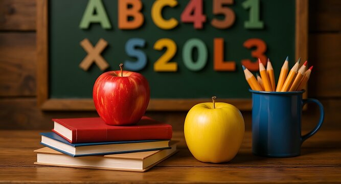 Red yellow apples books pencils mug image