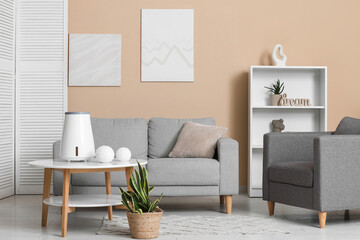 Interior of living room with sofa, armchair and air humidifier on table