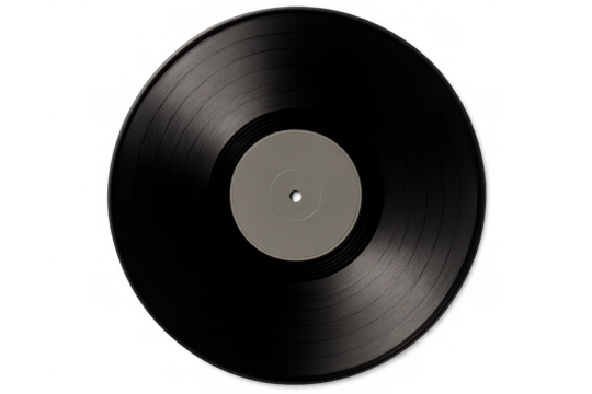 Shiny black vinyl record with blank gray label on transparent background, perfect for music-themed projects