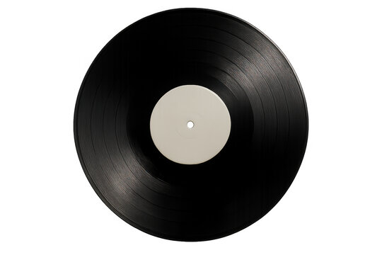 Black vinyl record with blank white label isolated on transparent background, perfect for music-related projects