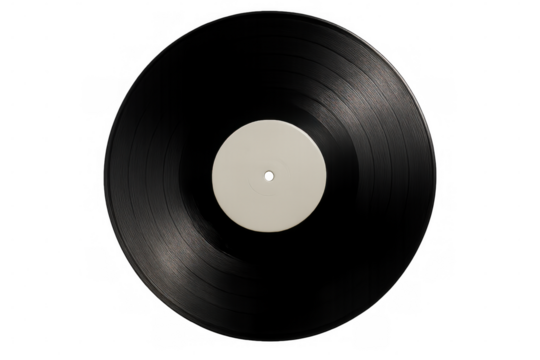 Black vinyl record with blank white label isolated on transparent background, perfect for music-related projects