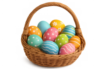 Wicker basket containing colorfully decorated easter eggs featuring intricate hand-painted patterns, displayed against transparent background