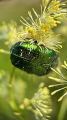 Metallic green beetle Rose Chafer macro photography. 
