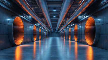 Modern industrial ceiling ventilation system featuring metal air ducts and exhaust hoods. Minimalistic design with clean lines and functional architecture. Caption space on the side.

