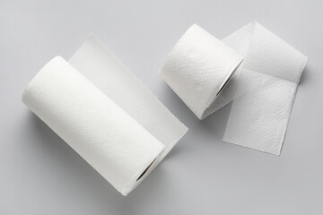 Rolls of towels and toilet paper on grey background