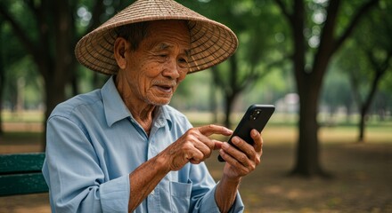Elderly asian man in conical hat uses smartphone in park
