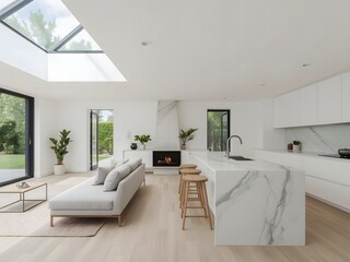 Fototapeta premium Bright open-concept kitchen and living room with marble island, minimalist white cabinets, wood flooring, and large windows