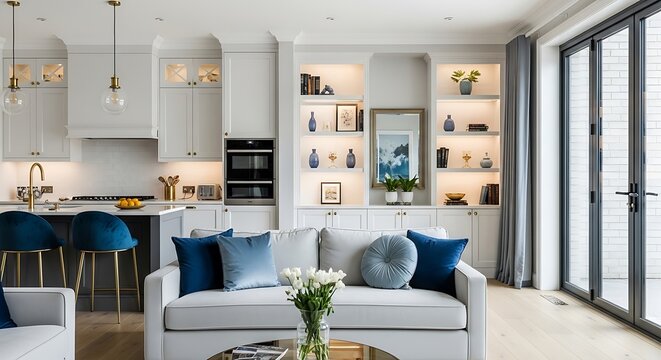 Modern, light-filled kitchen and living room interior design showcasing a neutral color palette with pops of blue.