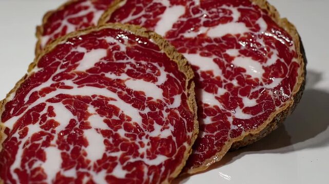 Slow motion closeup of sliced salami with reflective surface and rustic edges