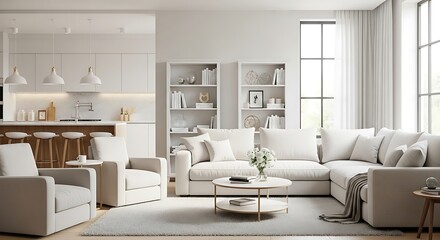 Light and airy modern kitchen and living area, featuring light blue cabinets, wooden accents, and a spacious layout.