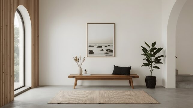 Bright minimalist interior with natural wooden bench, potted plant, round rug, and framed beach photo against a white wall

