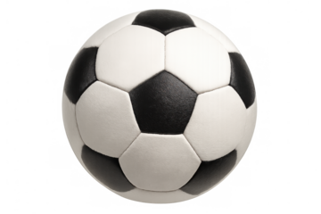 Classic soccer ball with contrasting black and white geometric panels, floating against transparent backdrop for graphic design flexibility