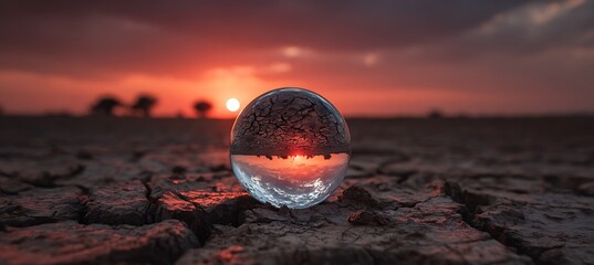 Dry, fractured soil captured within a glass sphere symbolizes Earth’s worsening ecological crisis
