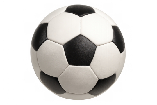 Classic soccer ball with contrasting black and white geometric panels, floating against transparent backdrop for graphic design flexibility