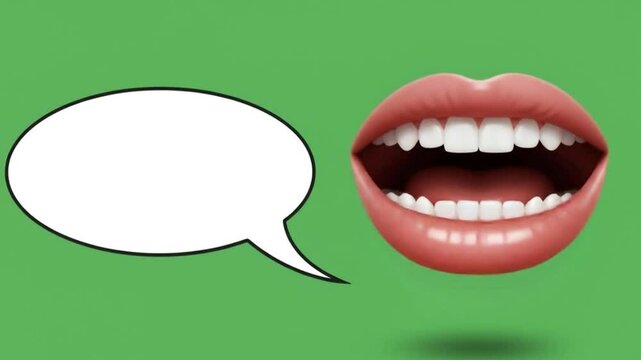 Open mouth with white teeth and pink lips next to a white speech bubble on a green background