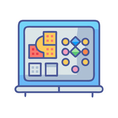 Presentation on a board with business data, charts and workflow illustration