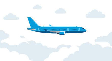 Blue Airplane Flying Through Clouds Commercial Aviation Air Travel.
