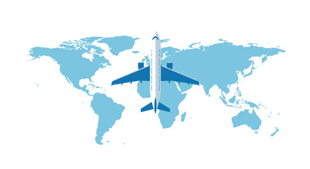 Stylized Blue and White Airplane Flying Over a World Map Illustration.